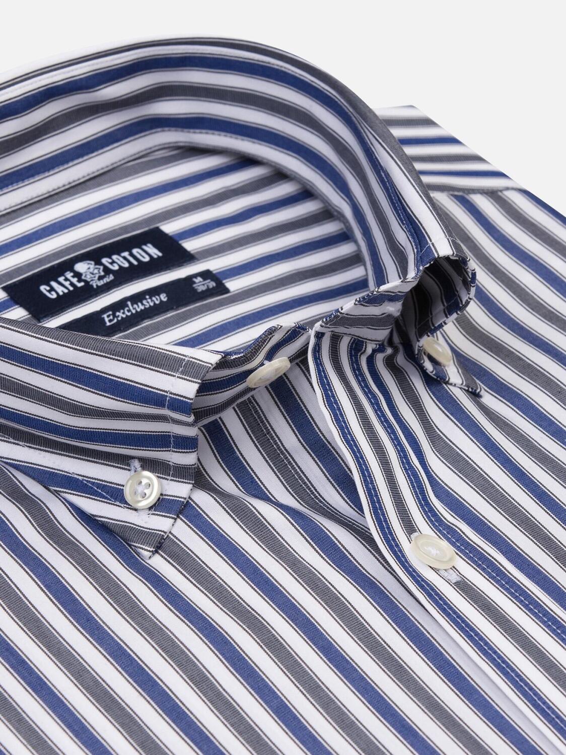 Robin marineblauw en grijs gestreept overhemd - Buttoned kraag