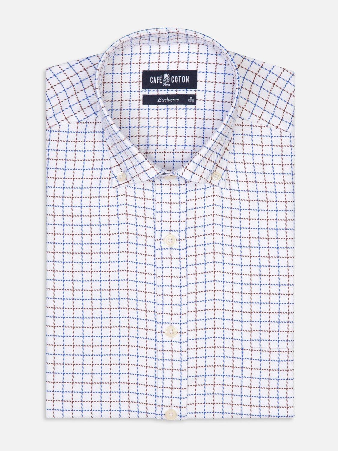 Chemise Sean &agrave; carreaux marron et bleus - Col Boutonn&eacute;
