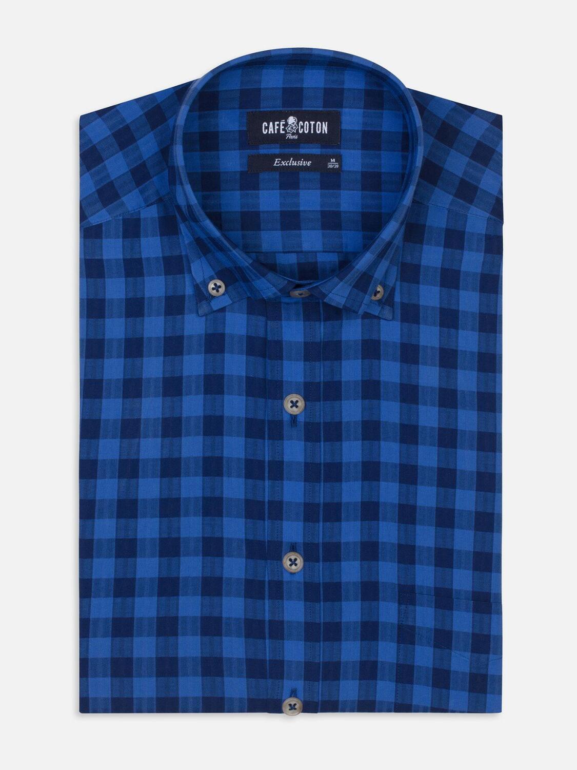 Navy checks popelin shirt - Button down collar