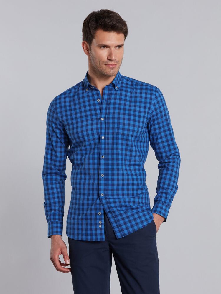 Chemise Shane en seersucker &agrave; carreaux marine  - Col Boutonn&eacute;