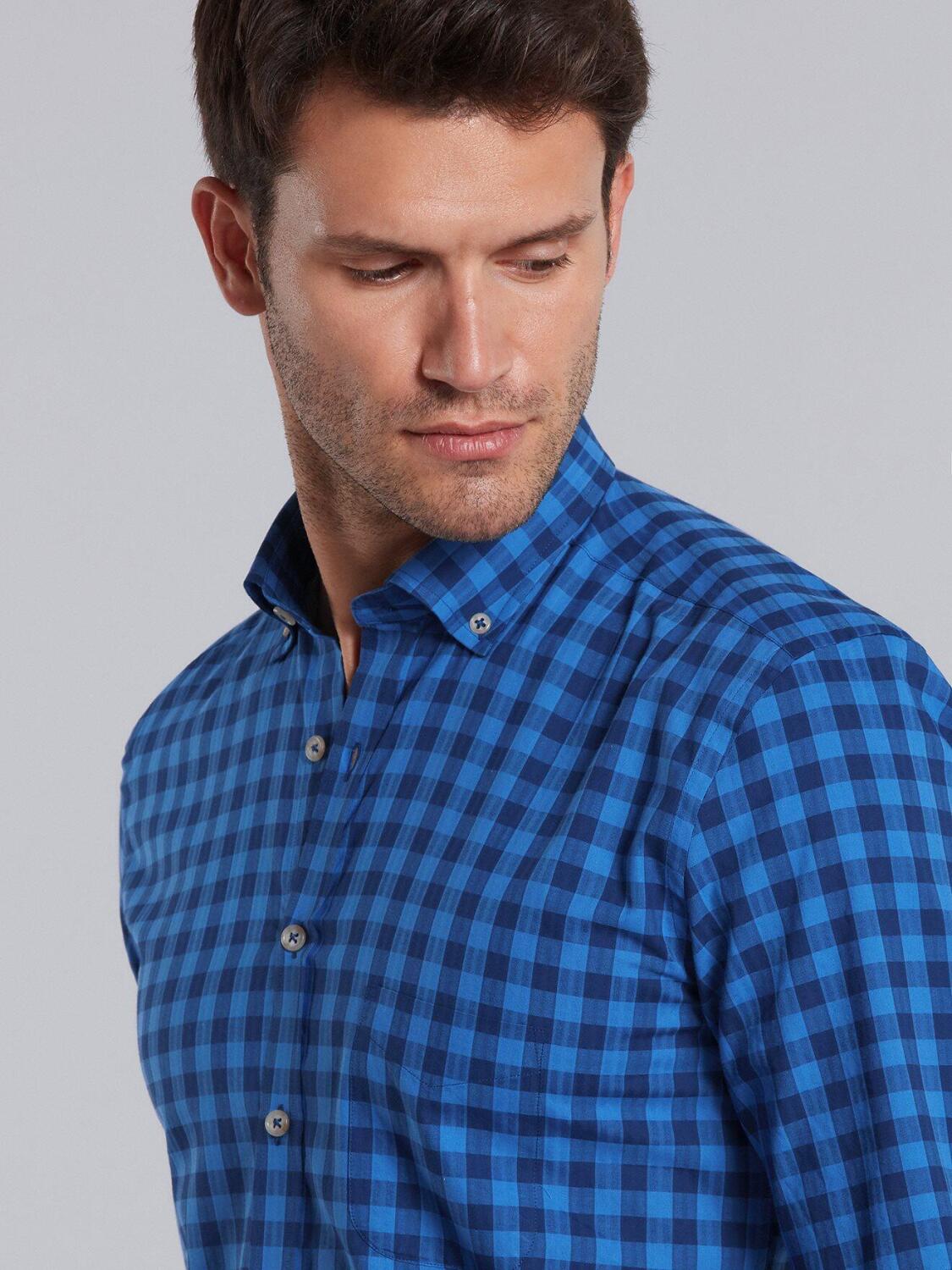 Navy checks popelin shirt - Button down collar