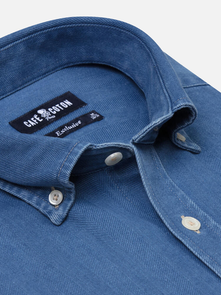 Chemise cintr&eacute;e Albro indigo &agrave; motif chevron - Col boutonn&eacute;