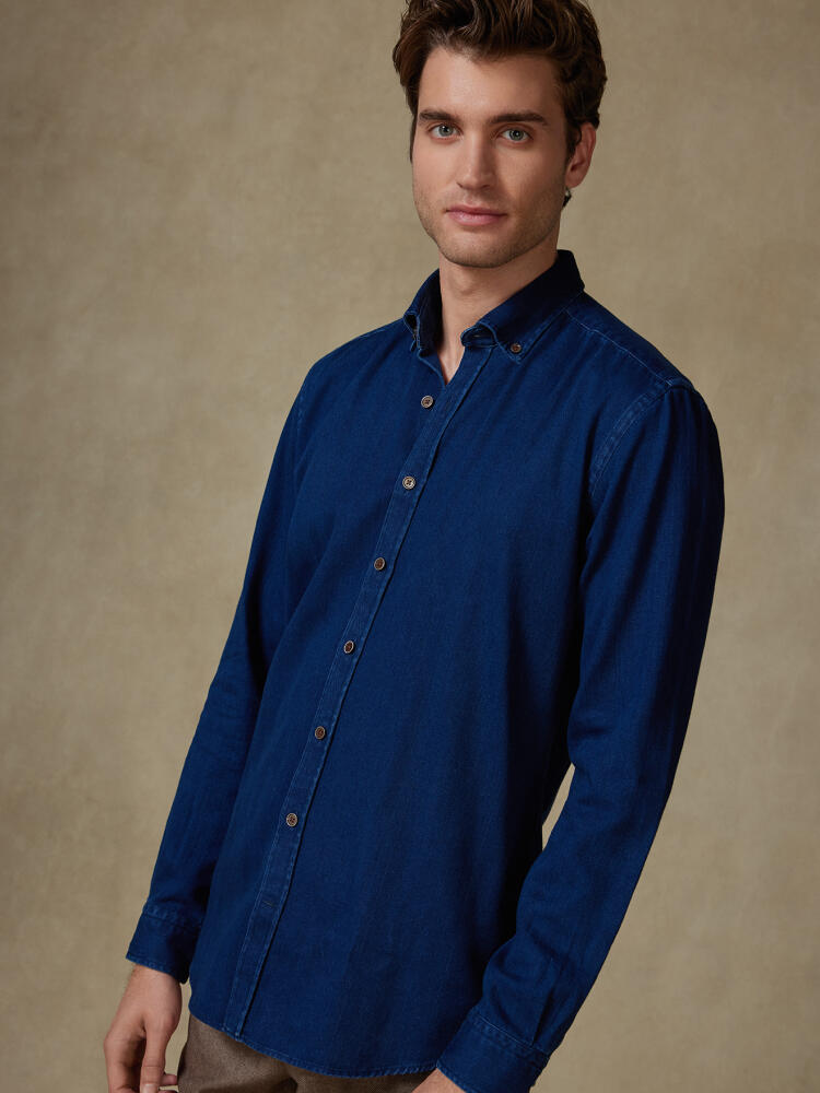 Camisa slim fit Albro en chevron indigo - Colletto button-down