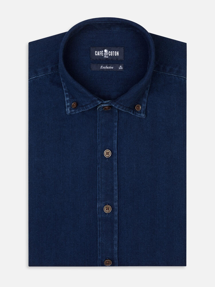 Camisa slim fit Albro en chevron indigo - Colletto button-down