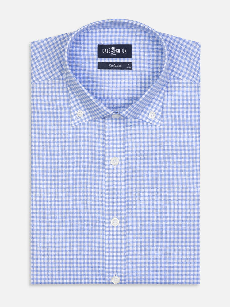 Chemise cintrée Anthony en micro vichy ciel- Col Boutonné