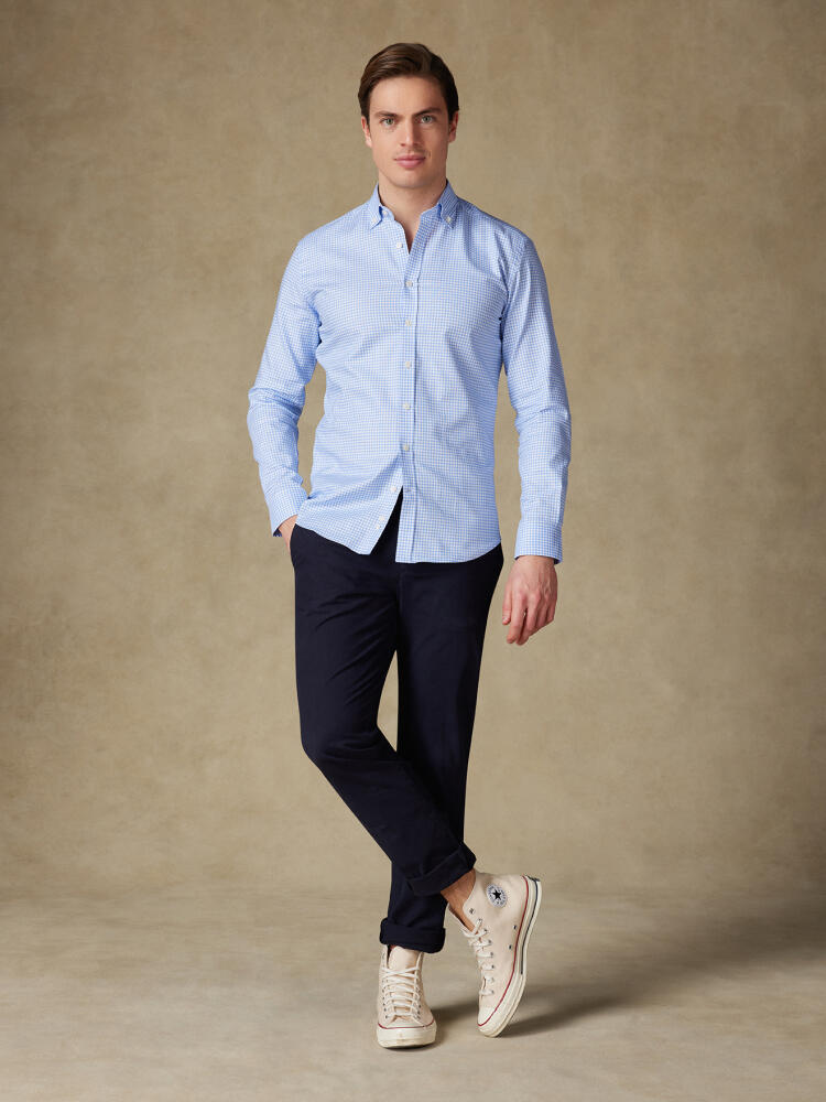 Chemise cintrée Anthony en micro vichy ciel- Col Boutonné