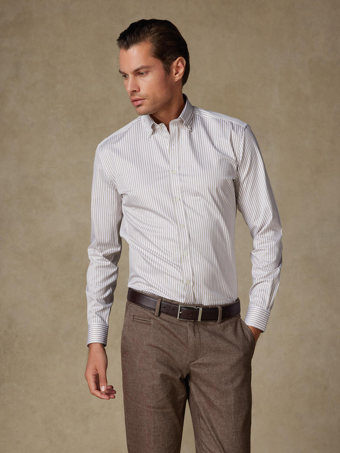 Baillee grijs gestreept slim fit overhemd - Button down Kraag