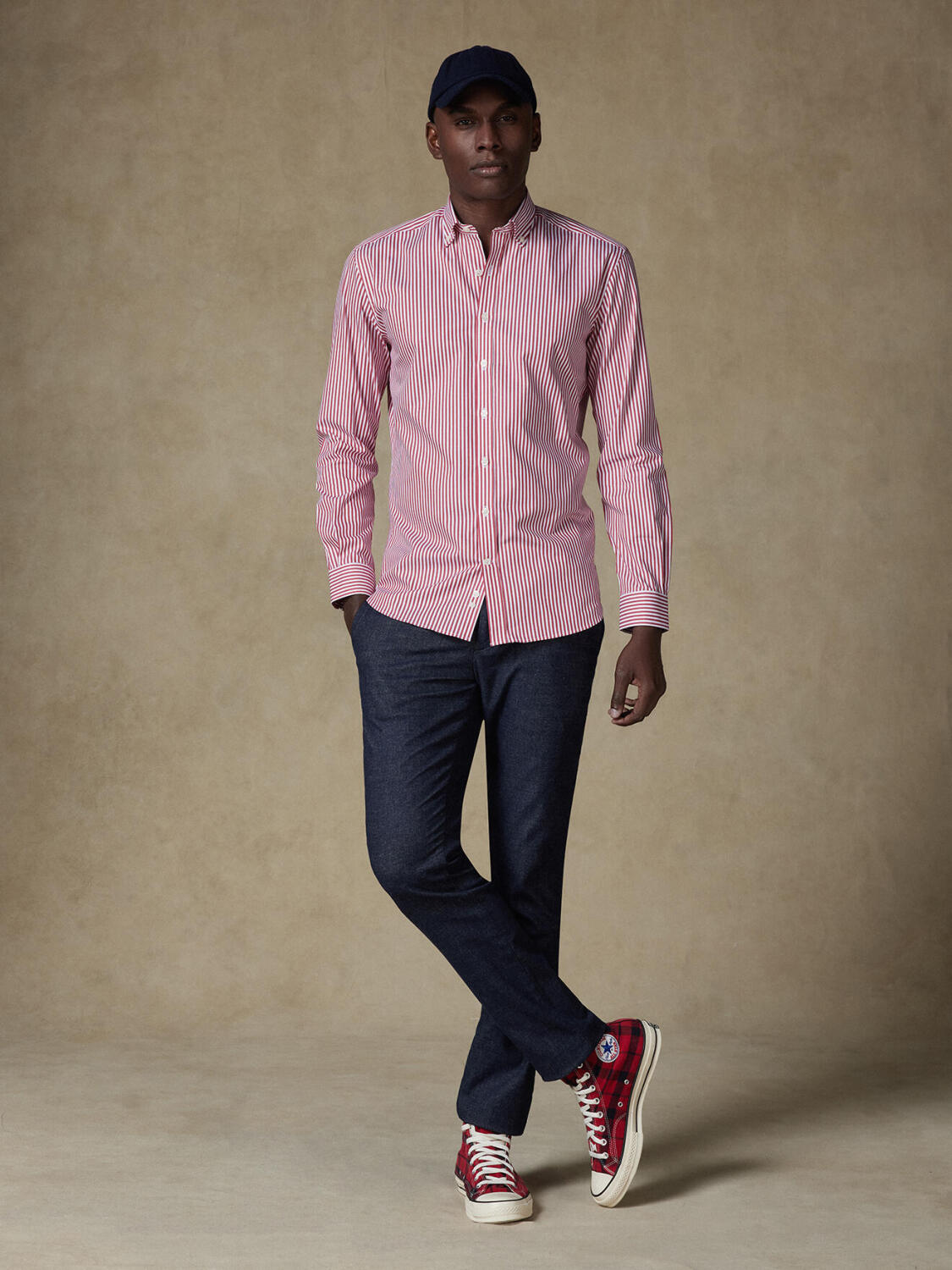 Baillee rood gestreept slim fit overhemd - Button down Kraag