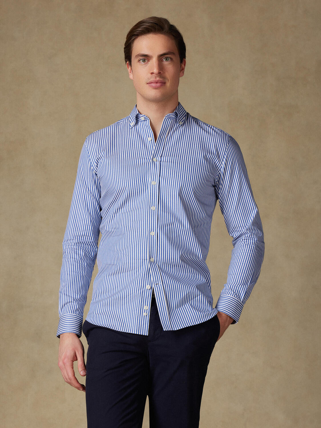 Chemise cintrée Barry à rayures marine- Col Boutonné