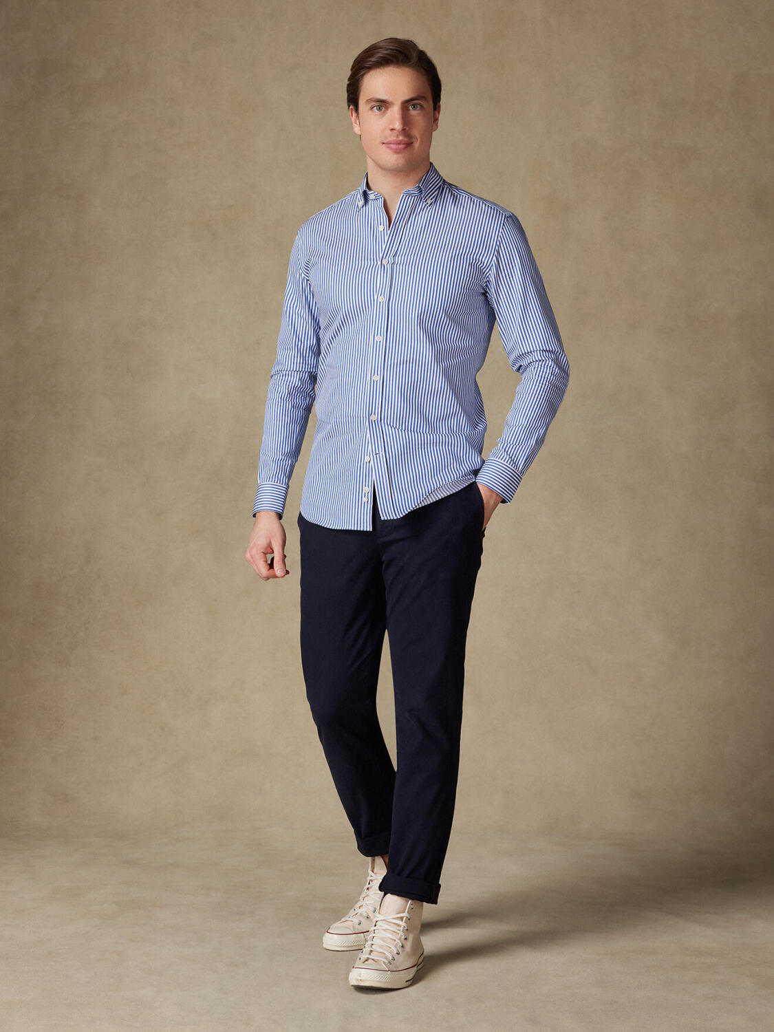 Chemise cintrée Barry à rayures marine- Col Boutonné