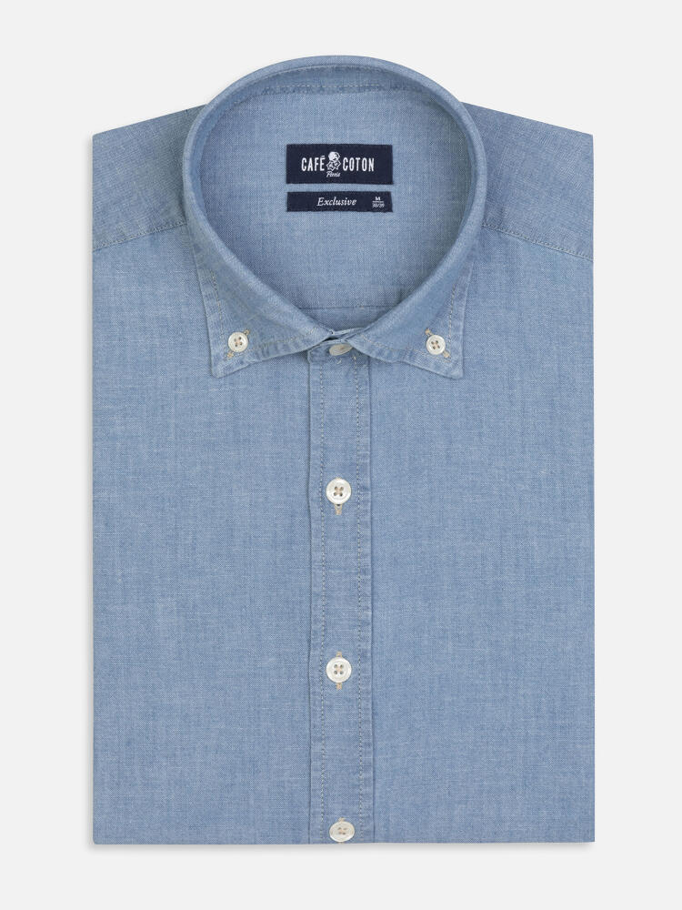 Chemise cintrée en chambray ciel - Col Boutonné