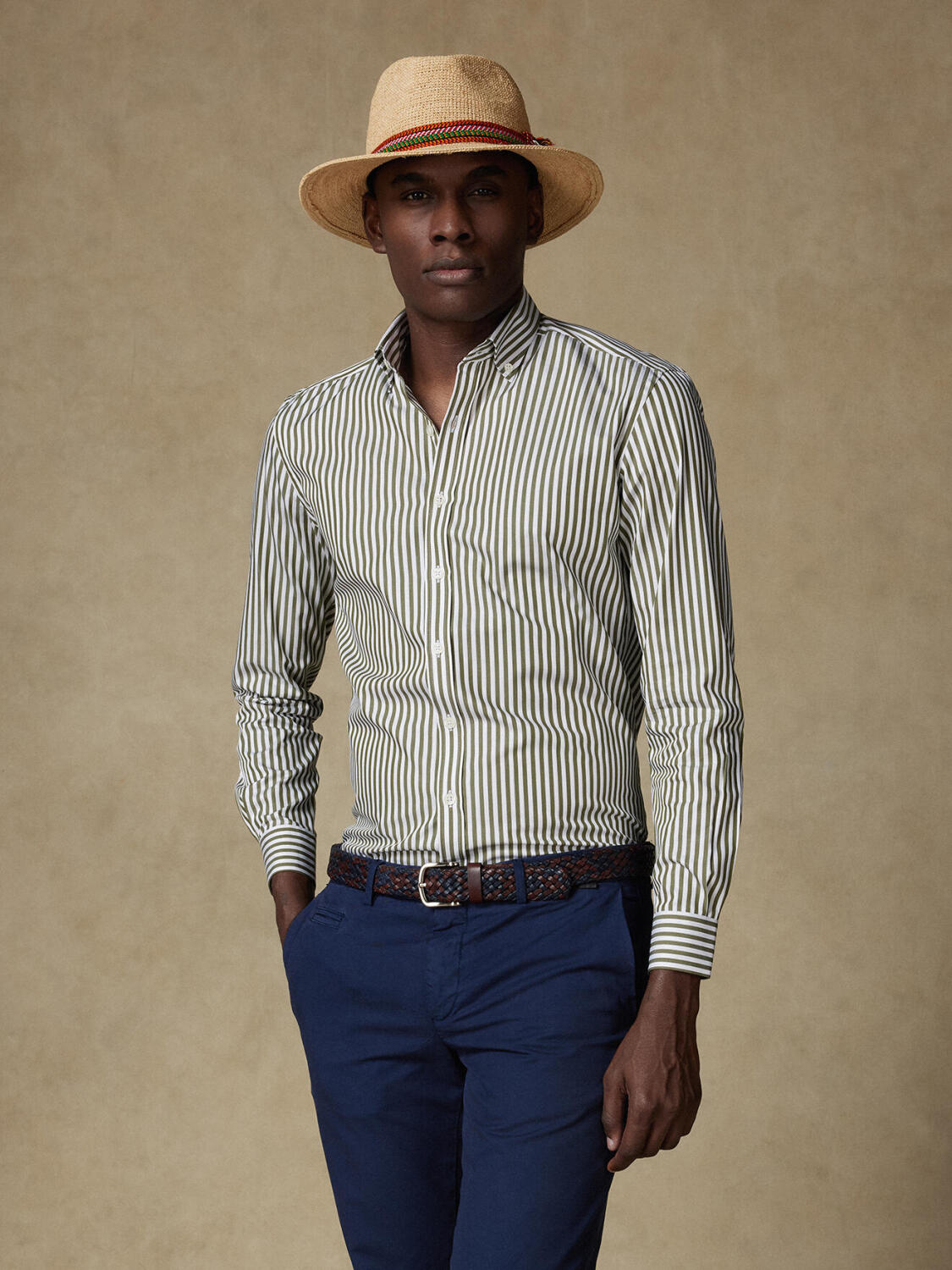 Overhemd slim Chris met strepen khaki - Button-down kraag