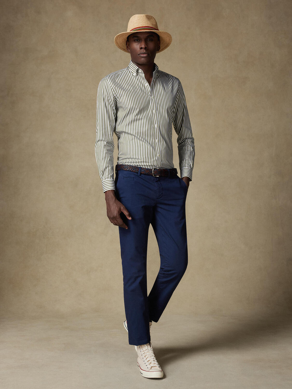 Overhemd slim Chris met strepen khaki - Button-down kraag