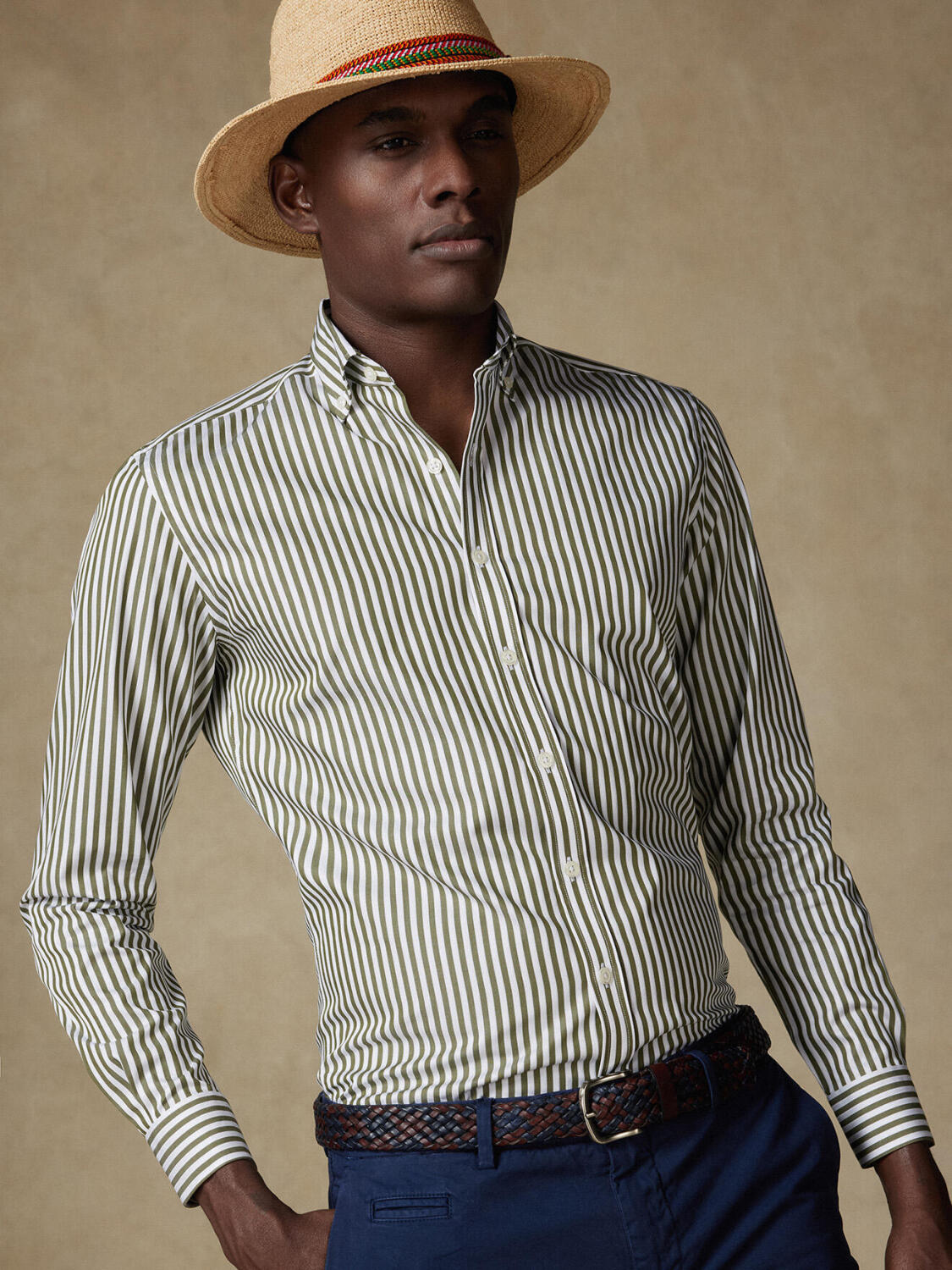 Overhemd slim Chris met strepen khaki - Button-down kraag