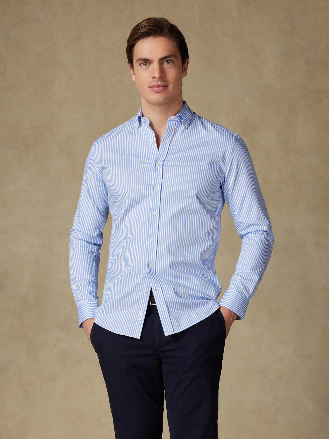 Chemise cintrée Colin à rayures ciel - Col Boutonné