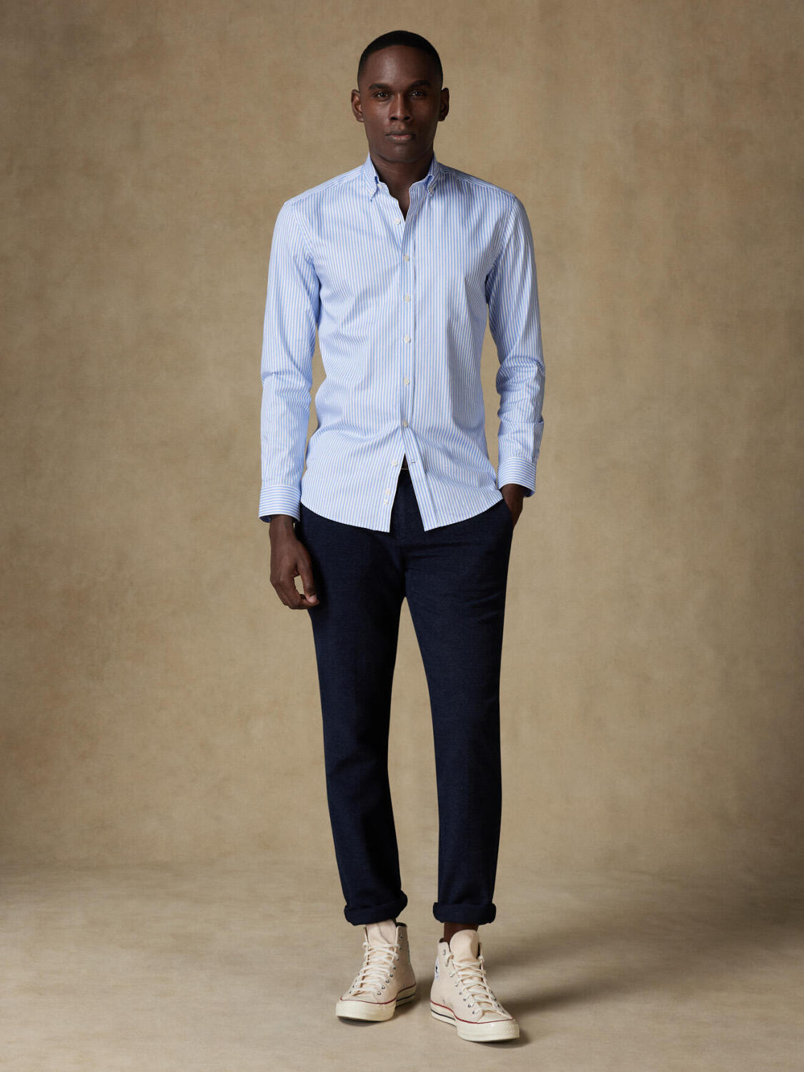 Chemise cintrée Colin à rayures ciel  - Col Boutonné