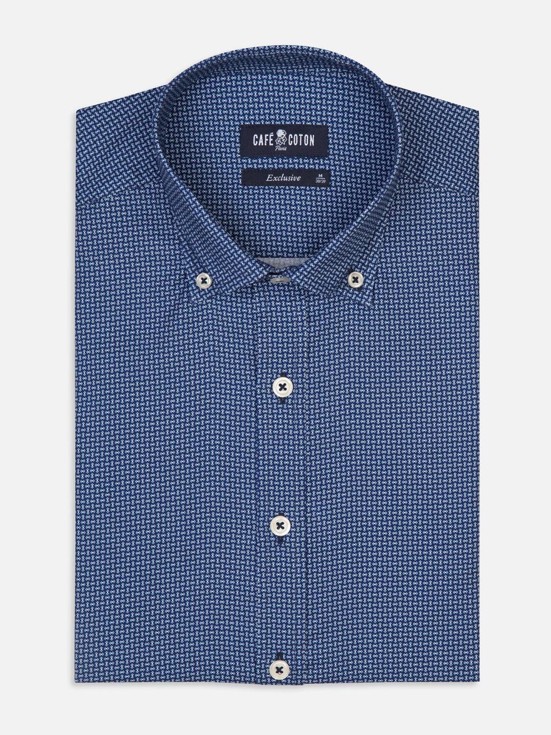 Dan navy blue slim fit shirt with printed pattern - Button-down collar
