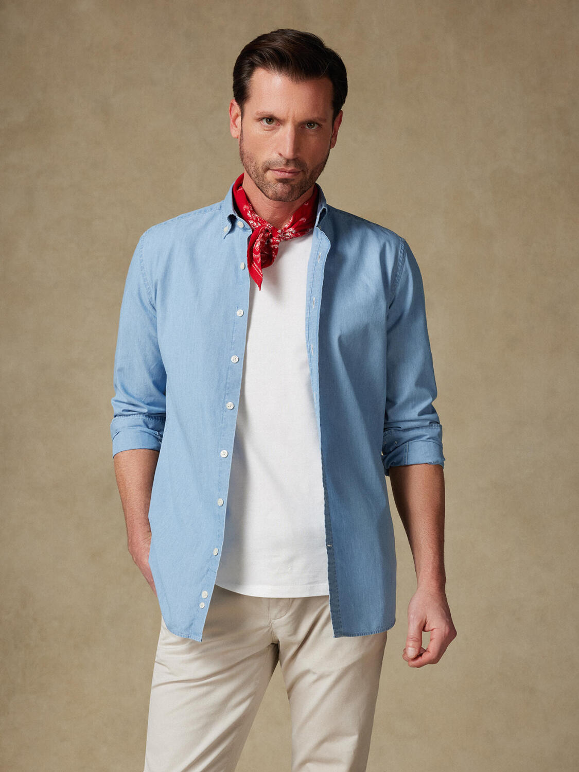 Overhemd slim fit Dane in denim lichtblauw - Button-down kraag