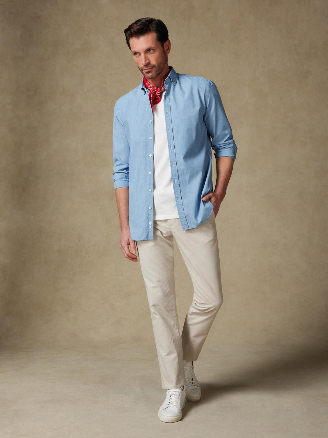 Overhemd slim fit Dane in denim lichtblauw - Button-down kraag