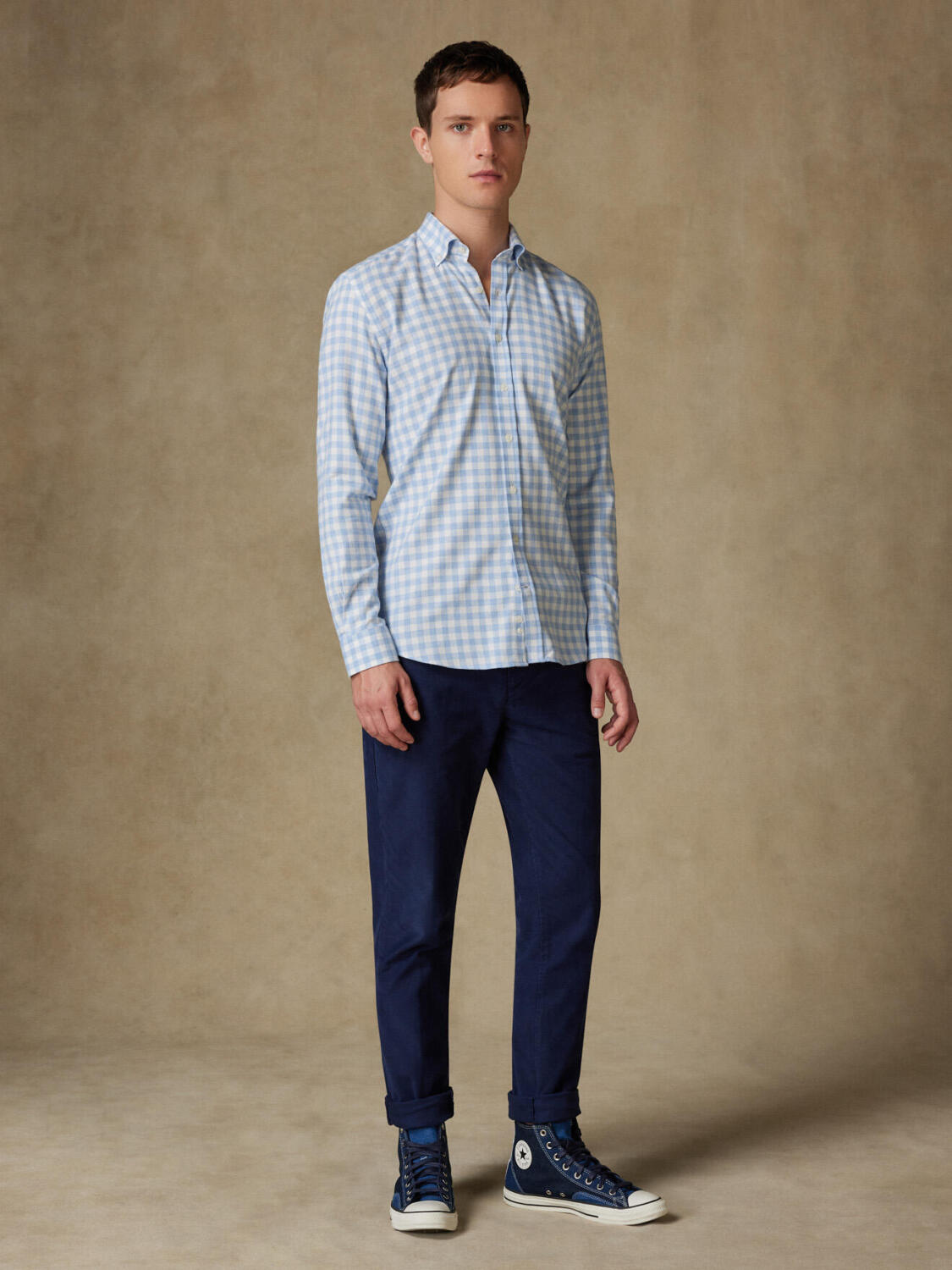 Chemise cintrée Danny en flanelle à carreaux ciel  - Col Boutonné