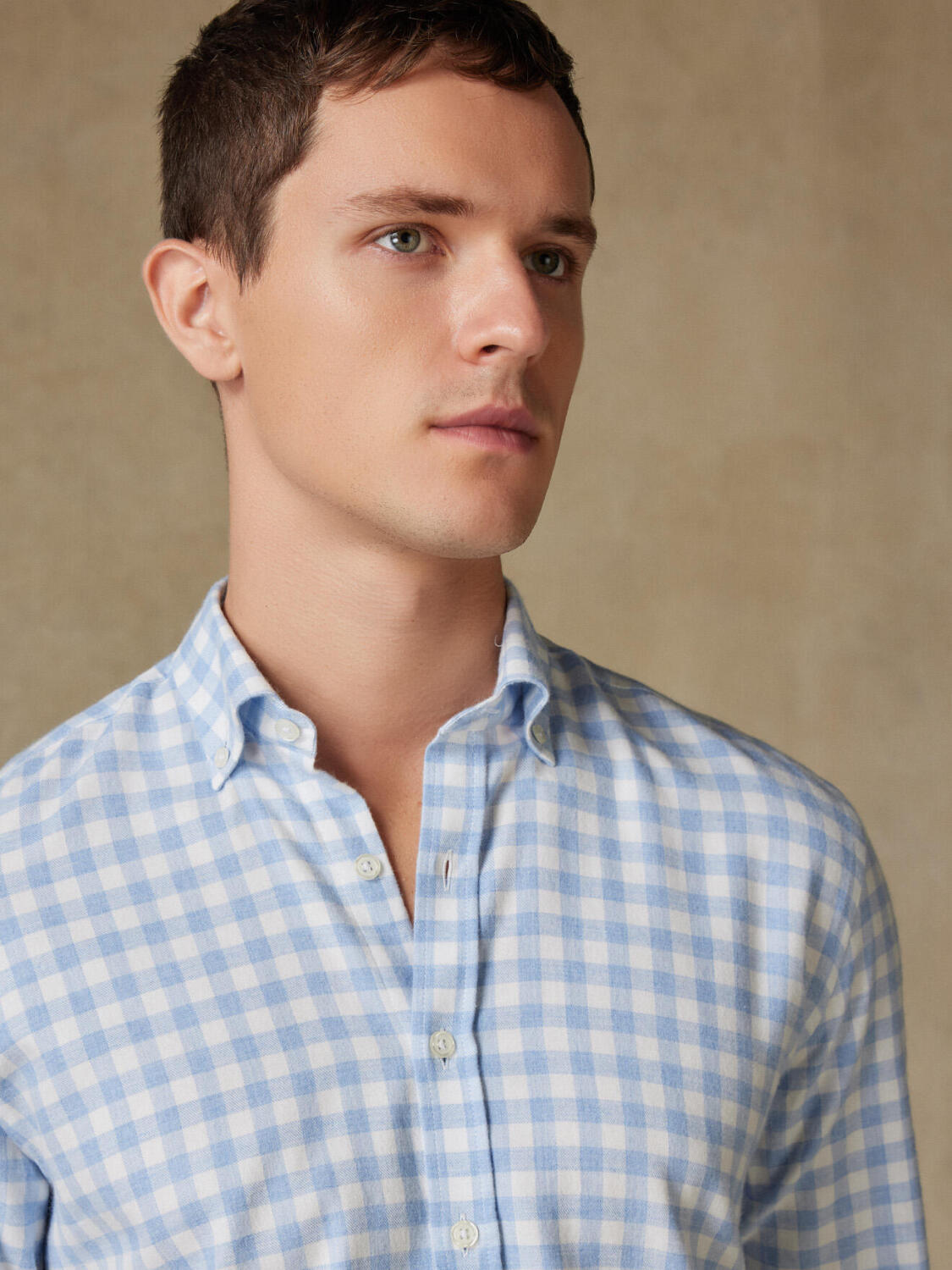 Chemise cintrée Danny en flanelle à carreaux ciel  - Col Boutonné
