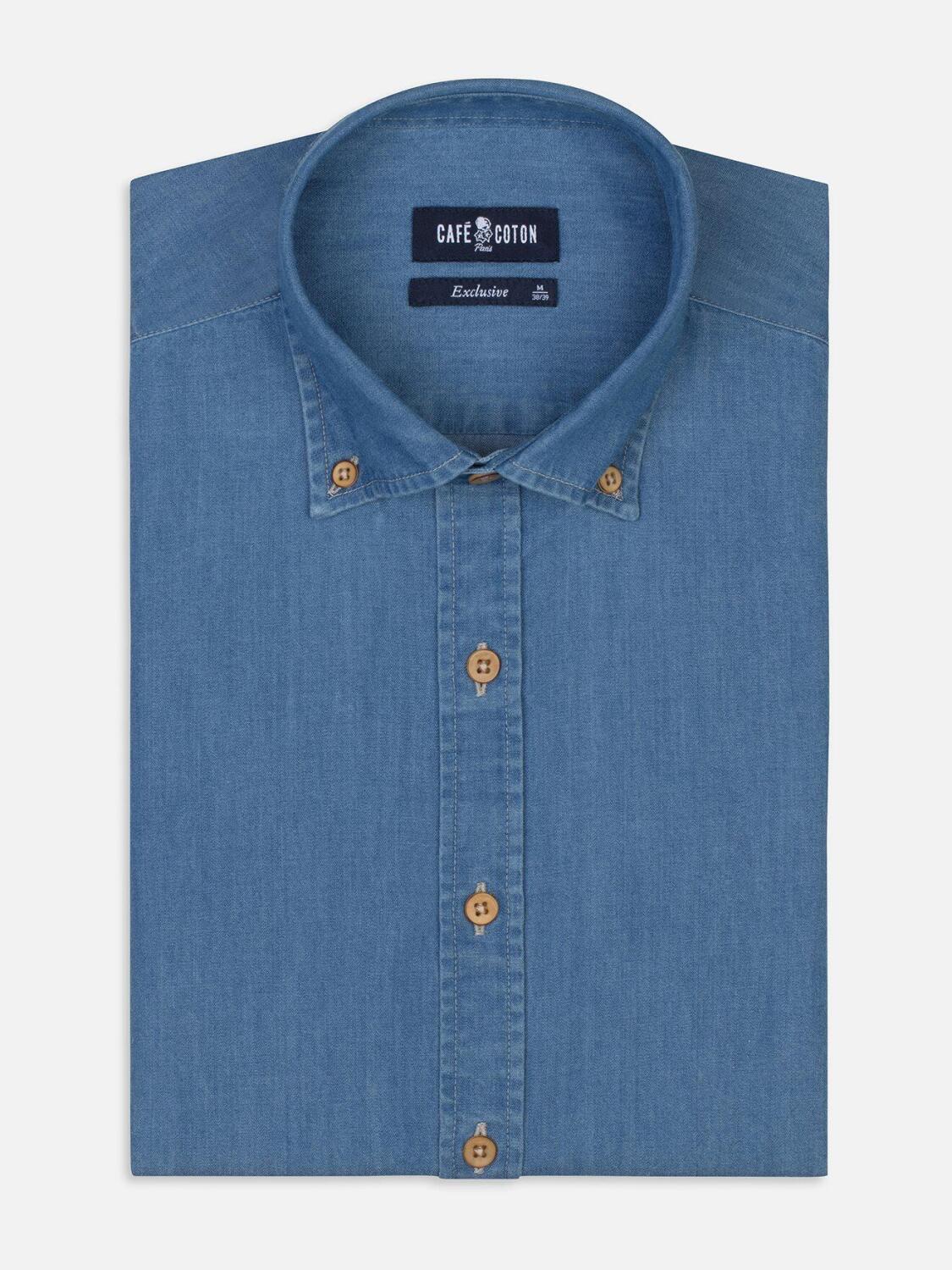 Chemise cintrée en denim bleu  - Col Boutonné