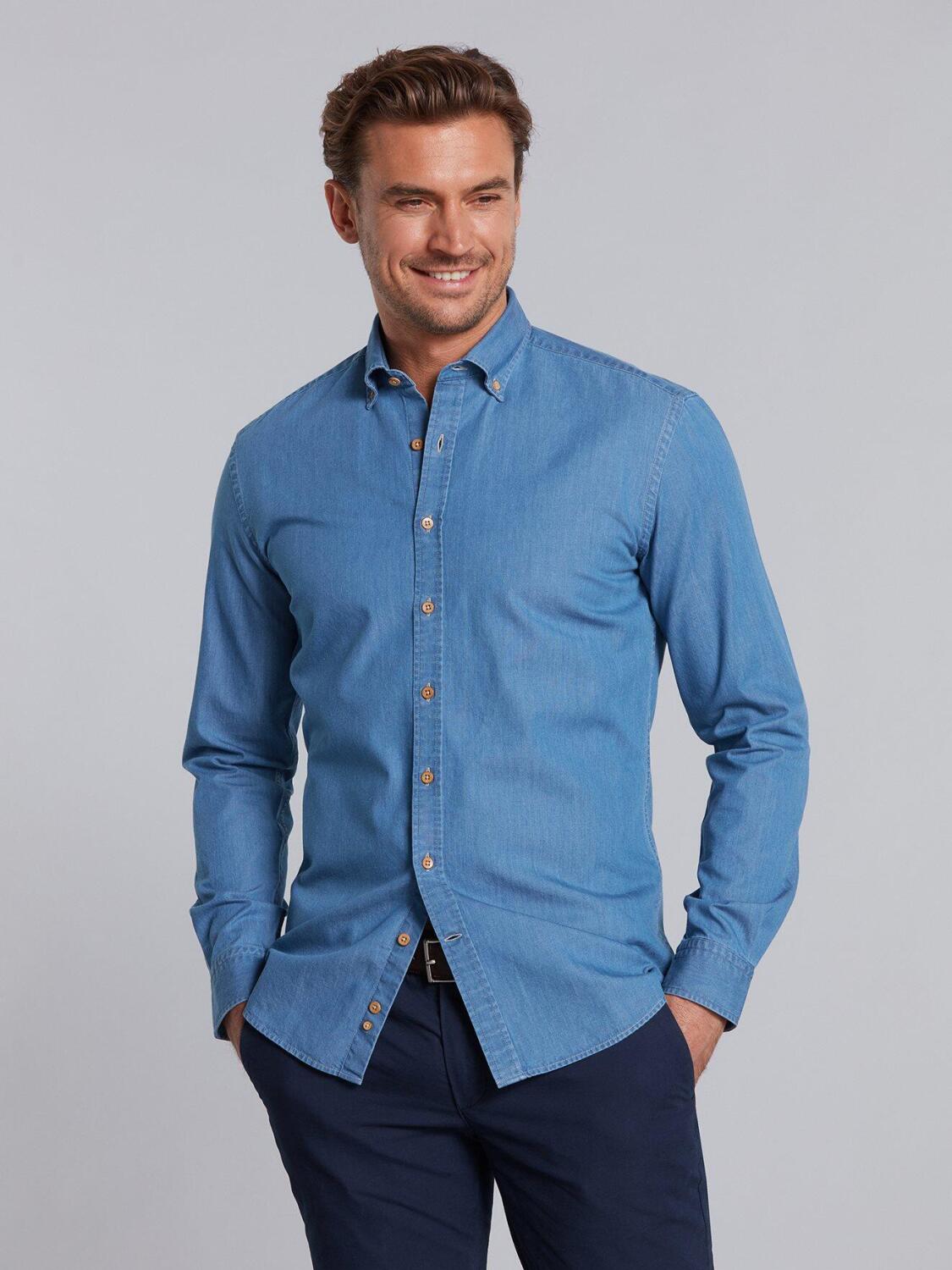 Chemise cintrée en denim bleu  - Col Boutonné