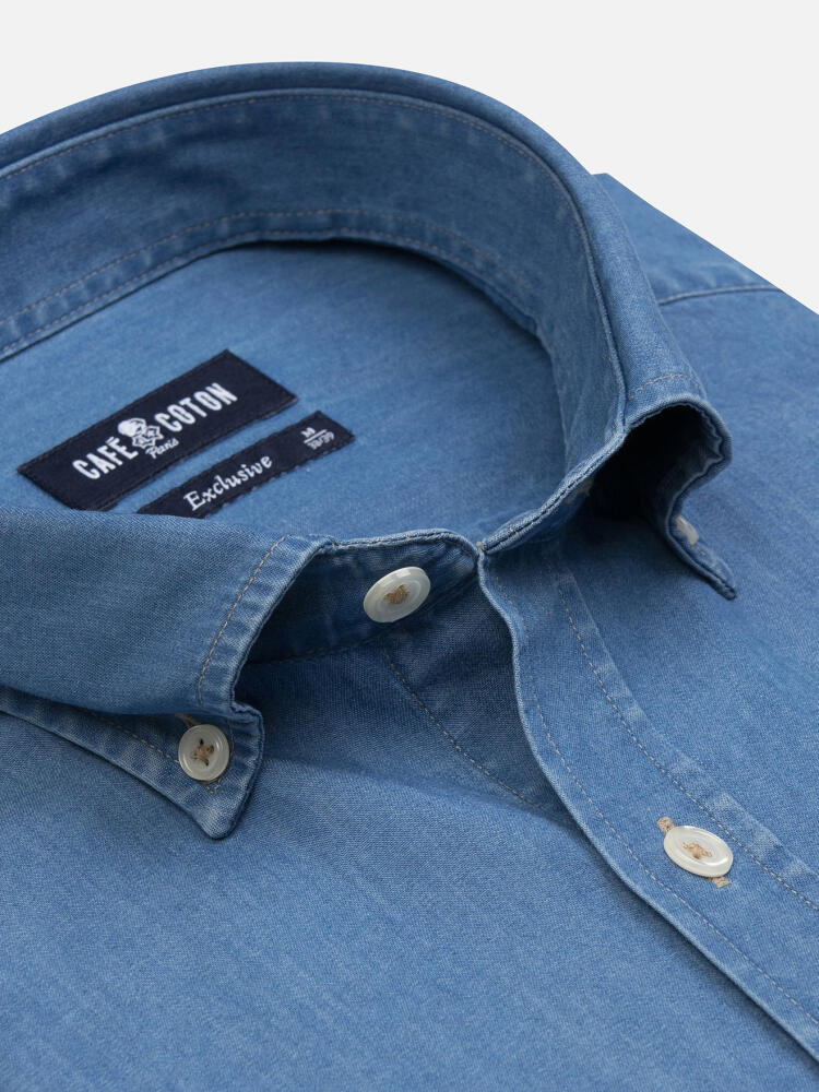 Buton down collar Denim slim fit shirt - Blue