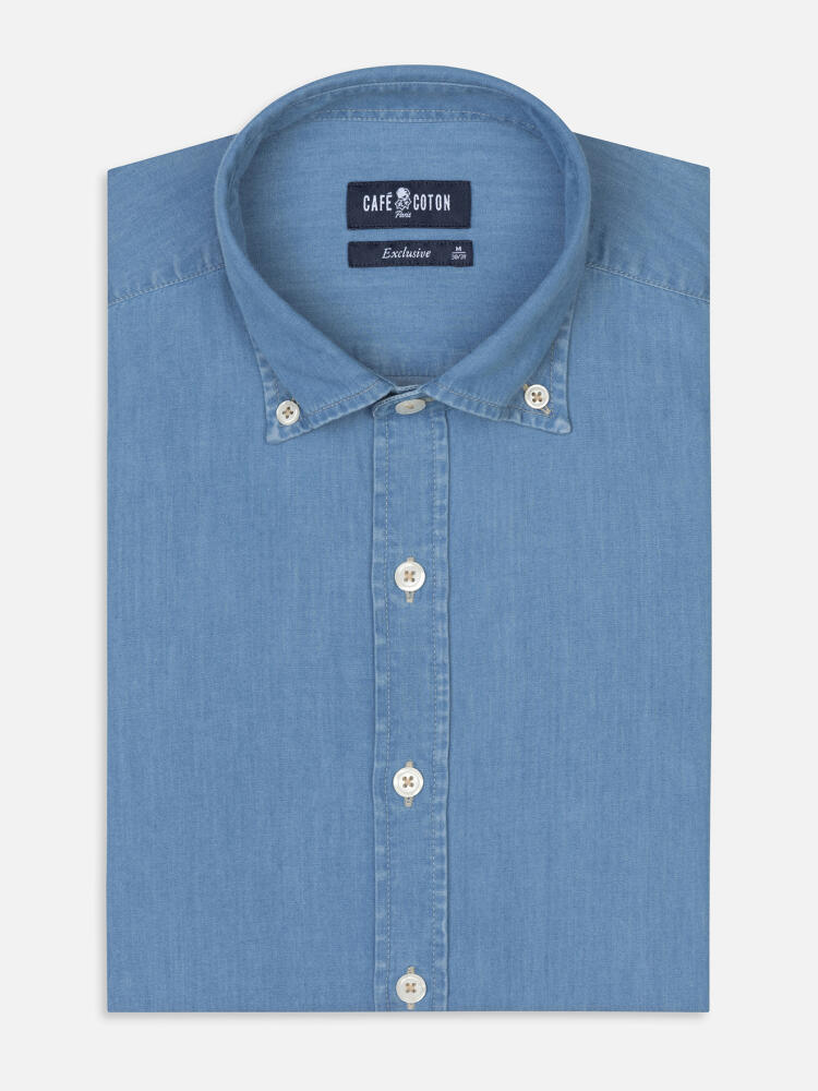 Camicia slim in denim celeste - Colletto button-down
