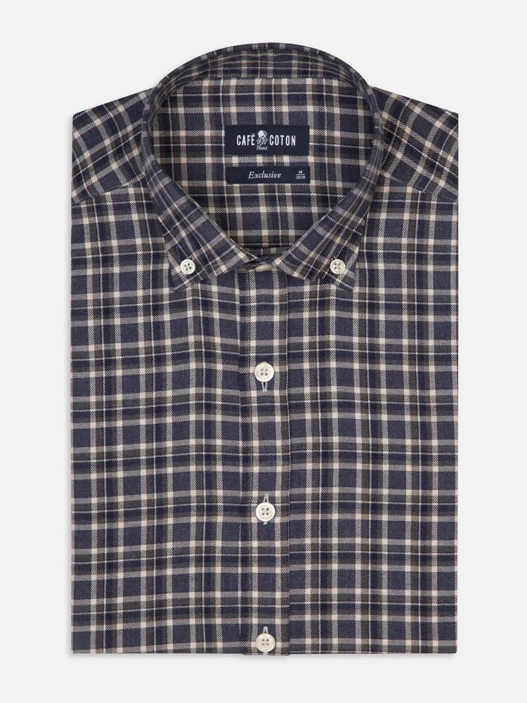 Chemise cintrée Denys en flanelle marine à carreaux gris - Col Boutonné