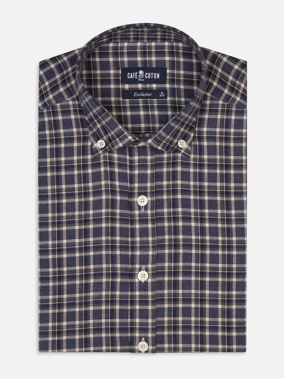 Camicia Denys slim-fit in flanella navy a quadri grigi - Collo button-down