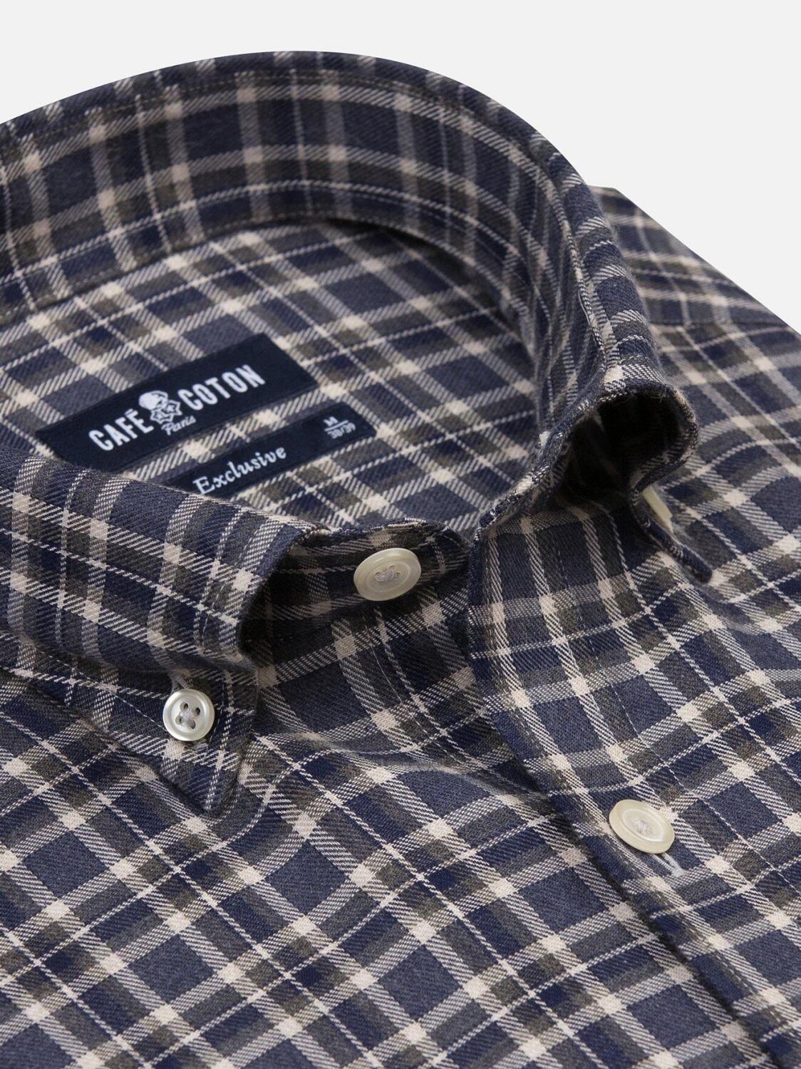 Camicia Denys slim-fit in flanella navy a quadri grigi - Collo button-down