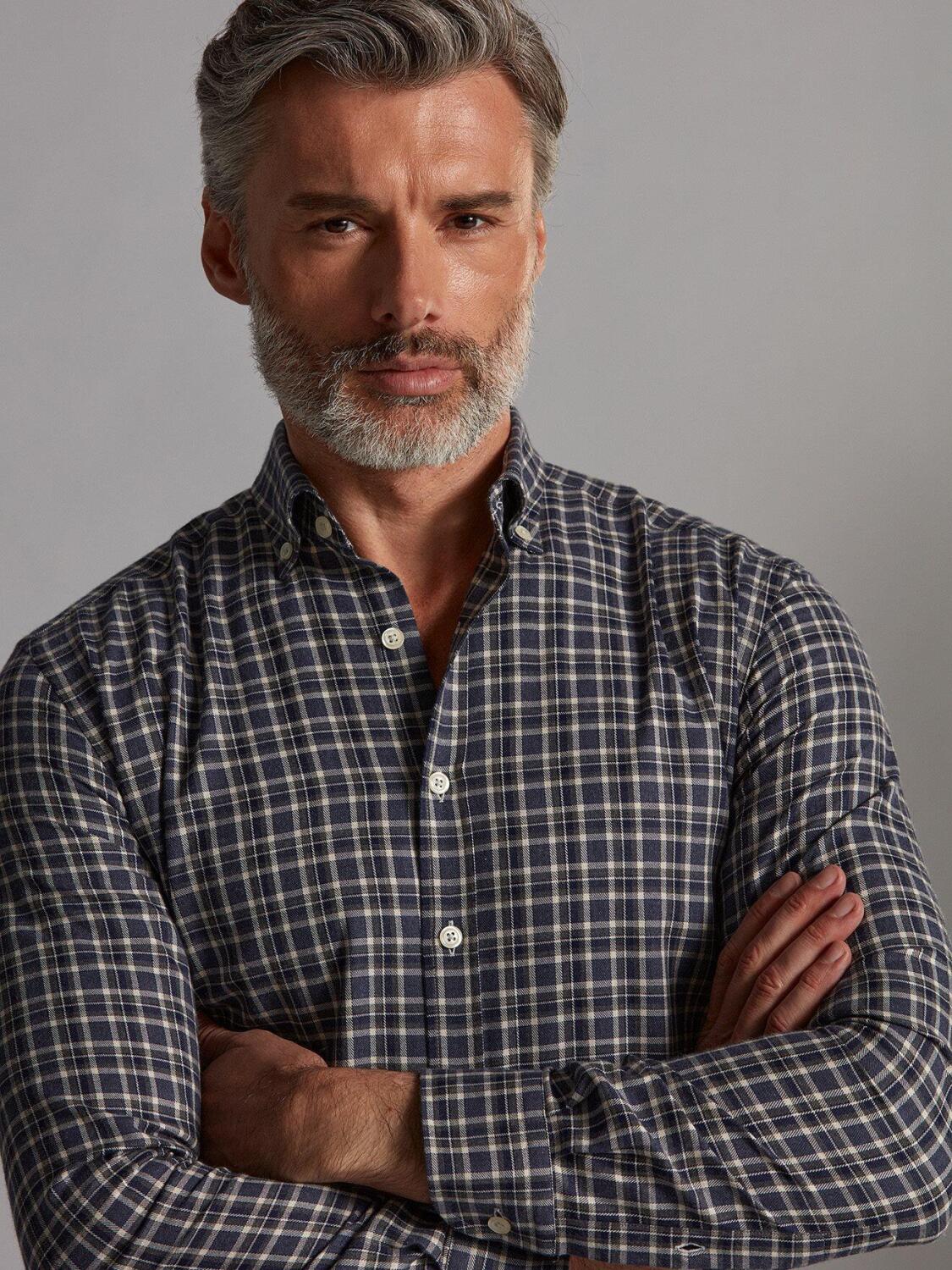 Camicia Denys slim-fit in flanella navy a quadri grigi - Collo button-down