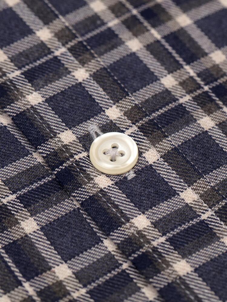 Chemise cintrée Denys en flanelle marine à carreaux gris - Col Boutonné