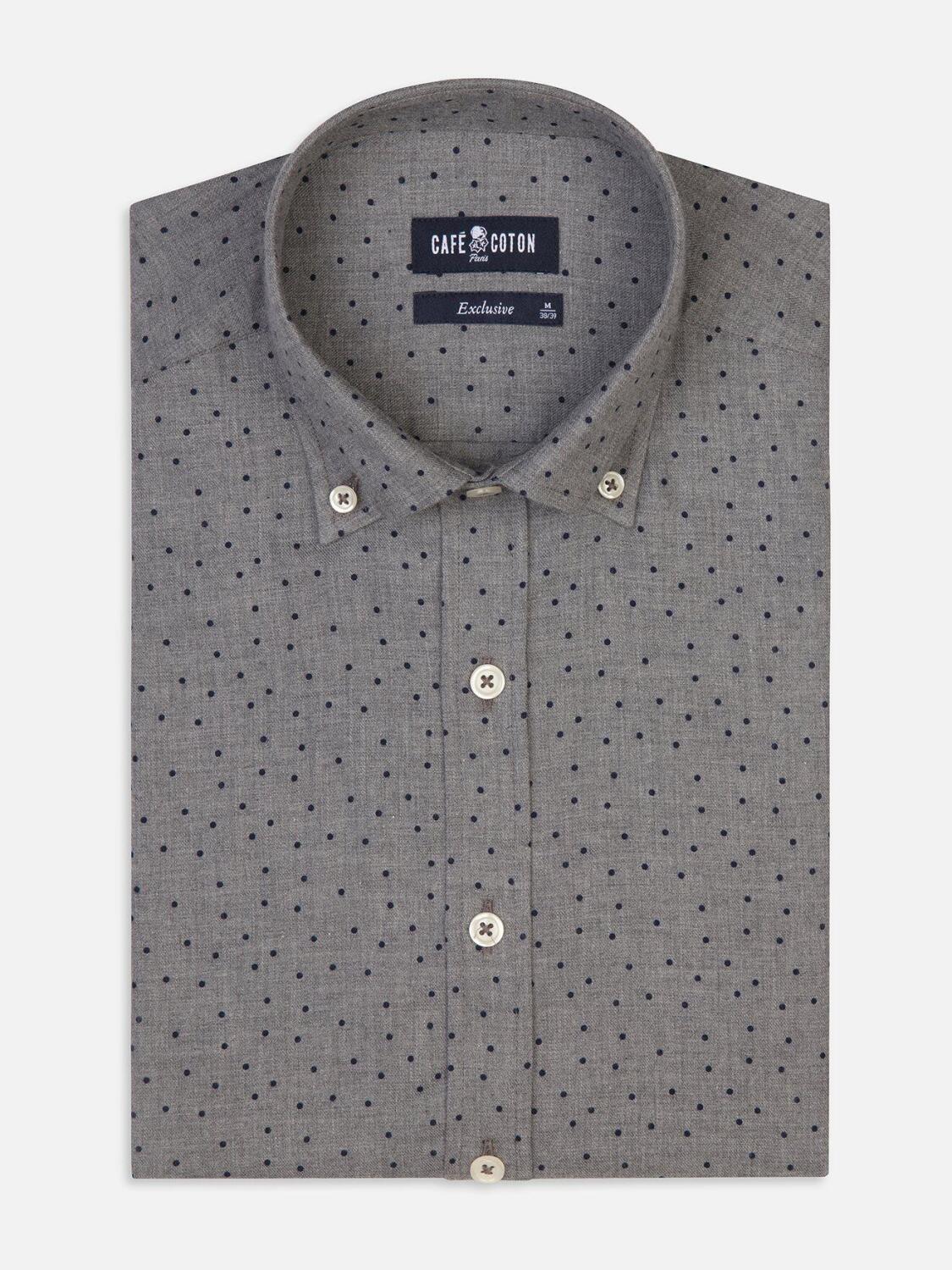Dorian grey flannel slim fit shirt with printed dots - Button-down collar