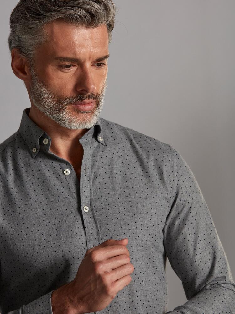 Chemise cintrée Dorian en flanelle grise à pois imprimés - Col Boutonné