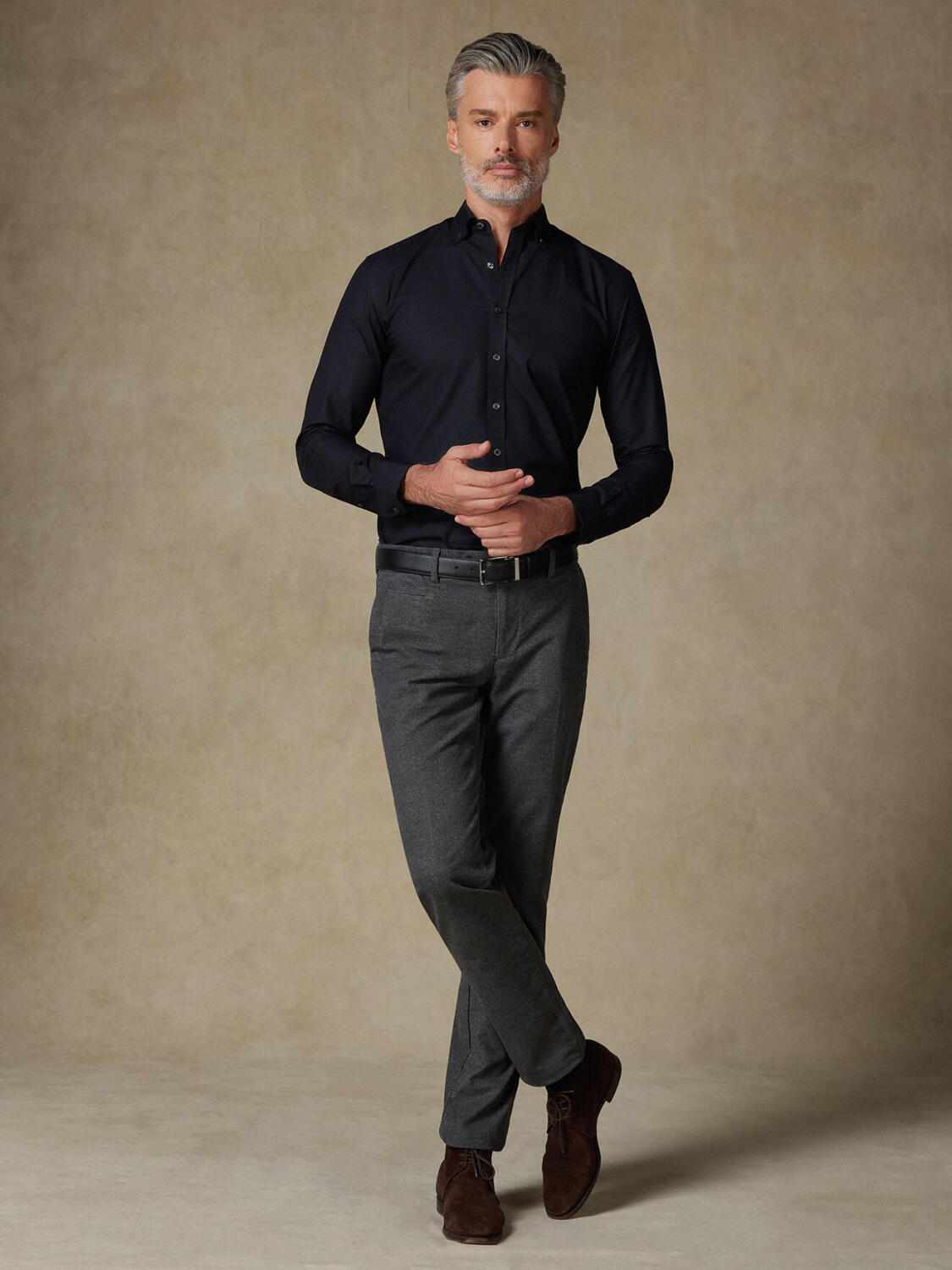 Ellis zwart micro-oxford slim fit overhemd - Button down Kraag