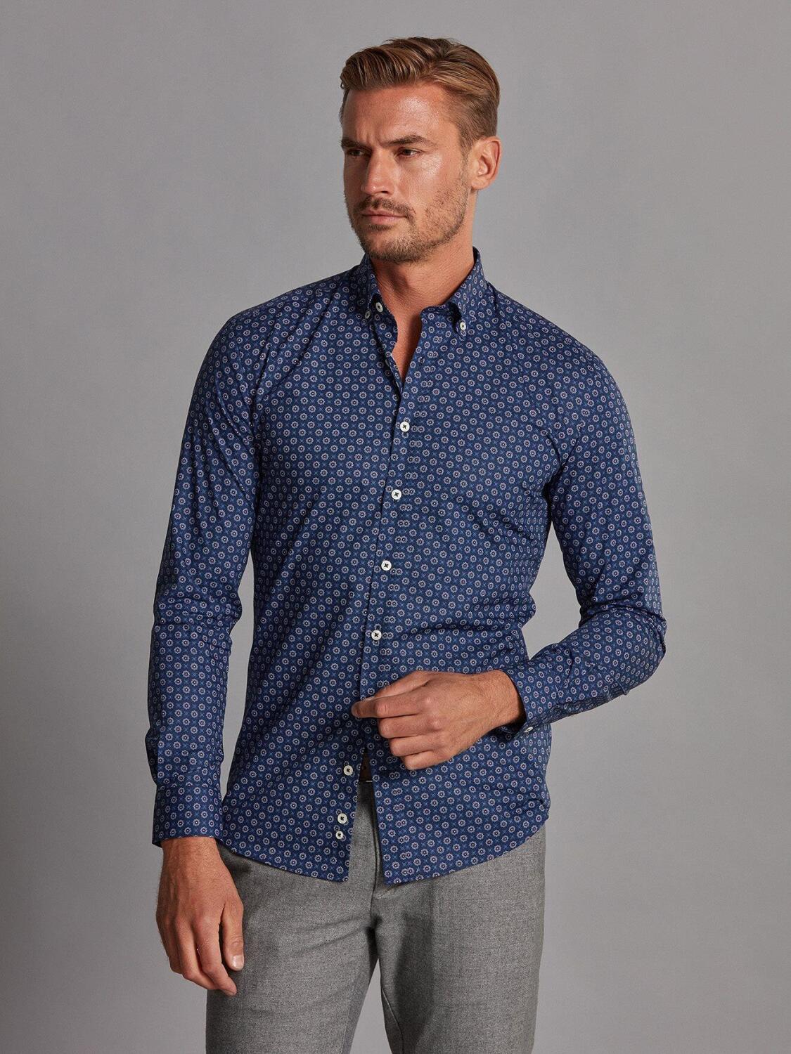 Chemise cintrée Elton marine à motifs imprimés - Col Boutonné
