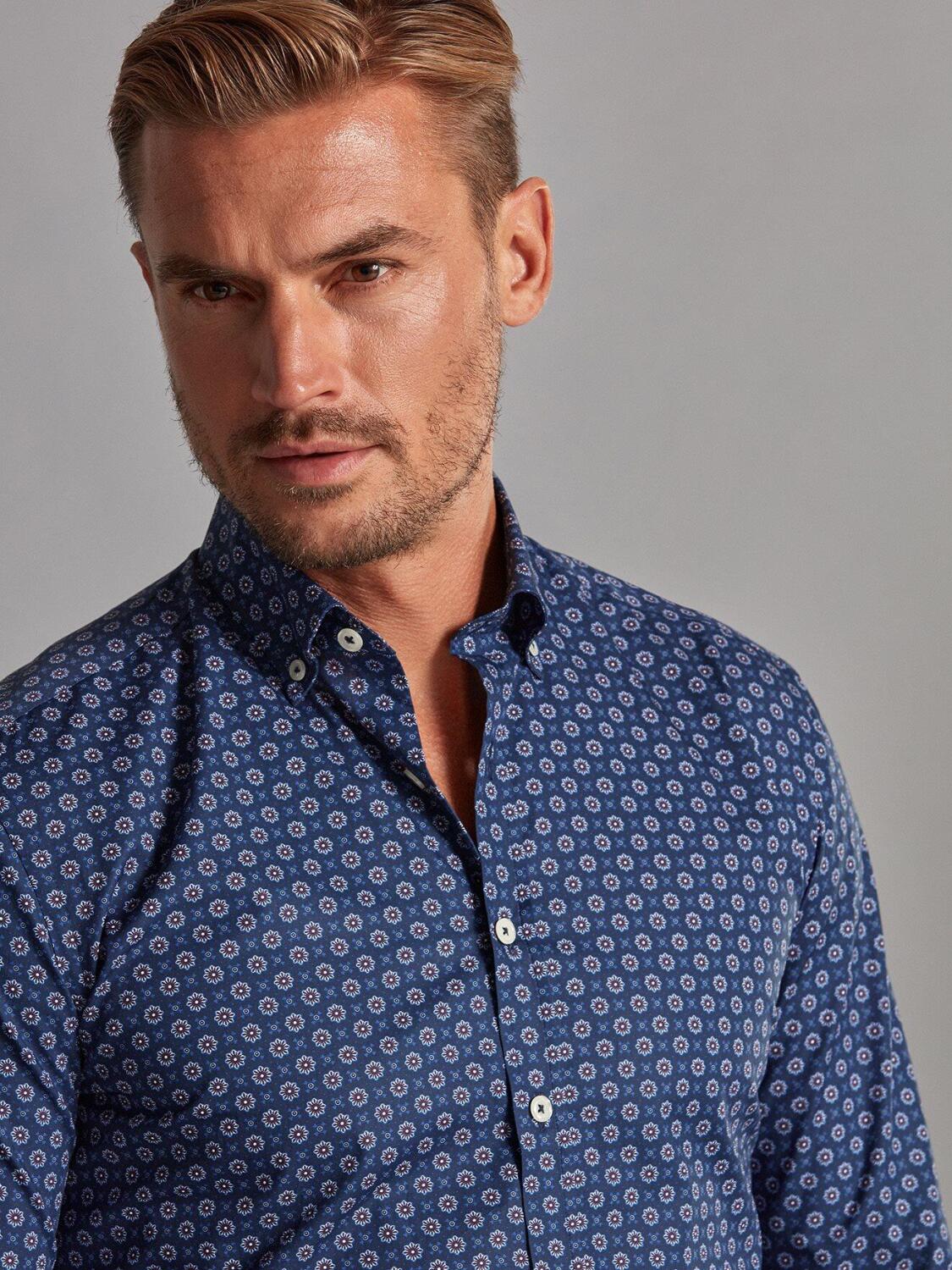Chemise cintrée Elton marine à motifs imprimés - Col Boutonné