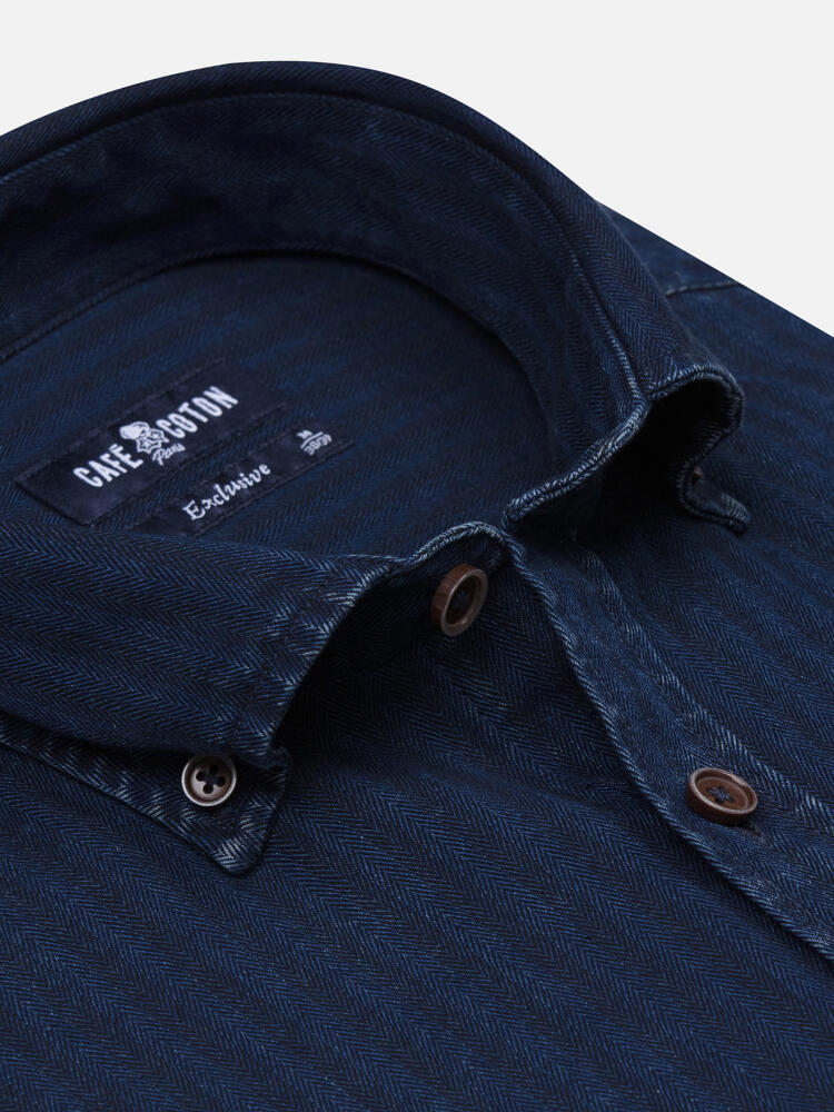 Finn indigo herringbone slim fit shirt - Buttoned down collar