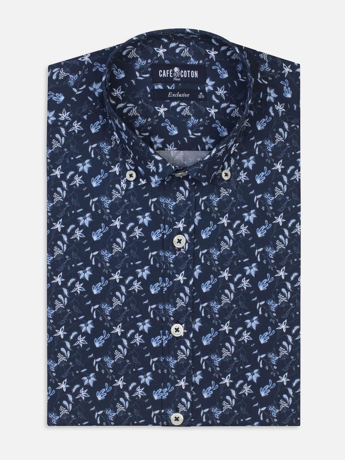 Chemise cintr&eacute;e Gaby indigo &agrave; imprim&eacute; floral - Col Boutonn&eacute;