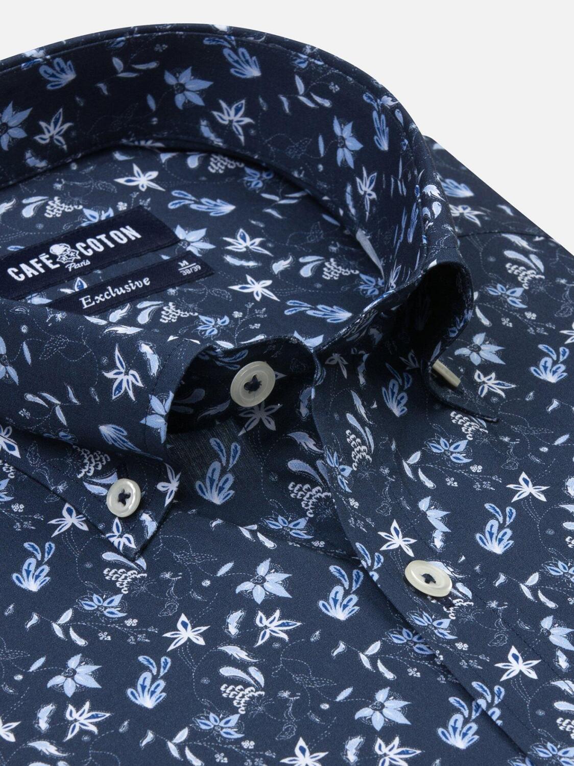 Chemise cintr&eacute;e Gaby indigo &agrave; imprim&eacute; floral - Col Boutonn&eacute;
