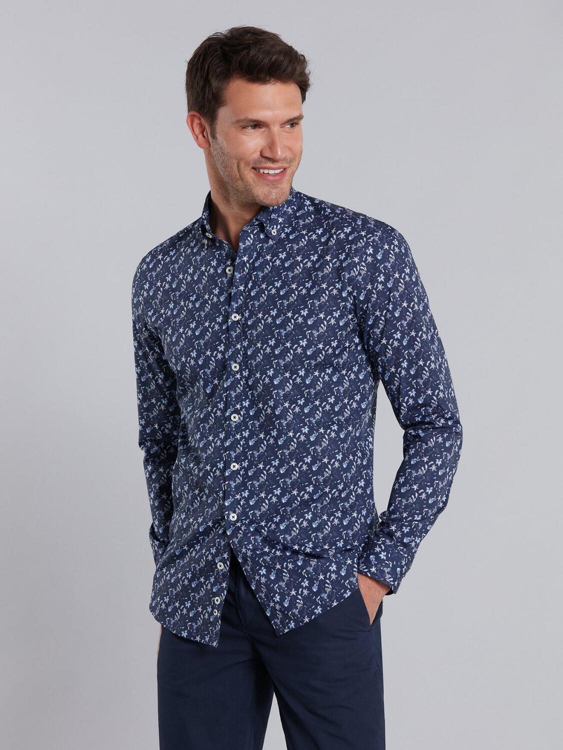 Chemise cintr&eacute;e Gaby indigo &agrave; imprim&eacute; floral - Col Boutonn&eacute;
