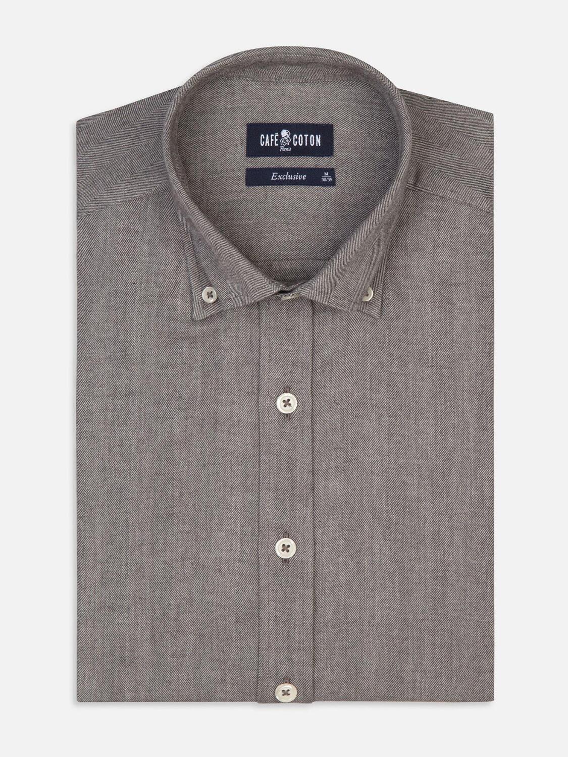 Chemise cintr&eacute;e Hall grise en flanelle - Col Boutonn&eacute;