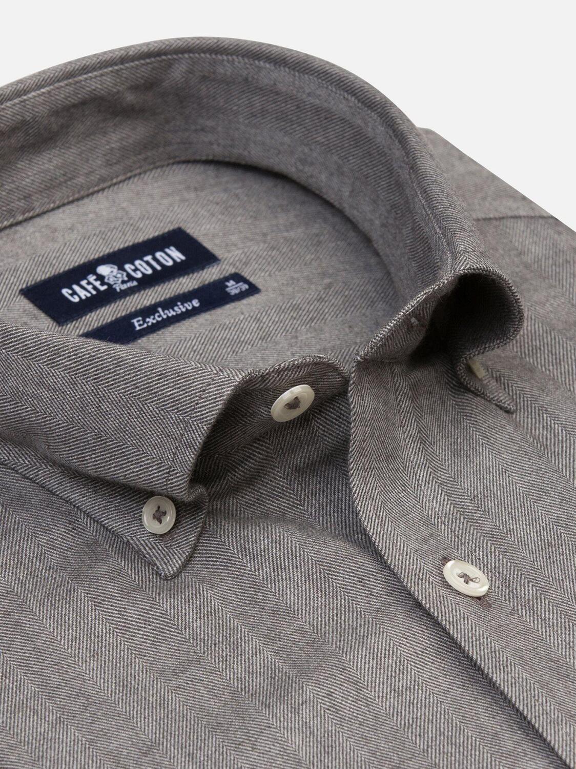 Chemise cintr&eacute;e Hall grise en flanelle - Col Boutonn&eacute;