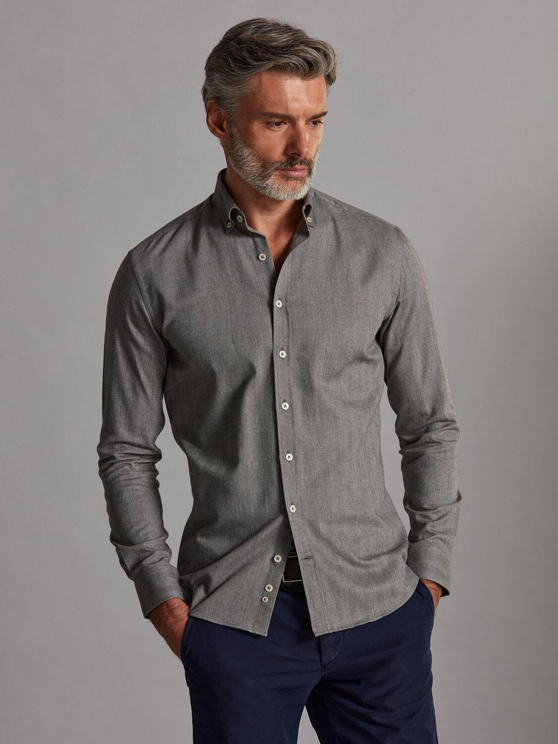 Chemise cintr&eacute;e Hall grise en flanelle - Col Boutonn&eacute;