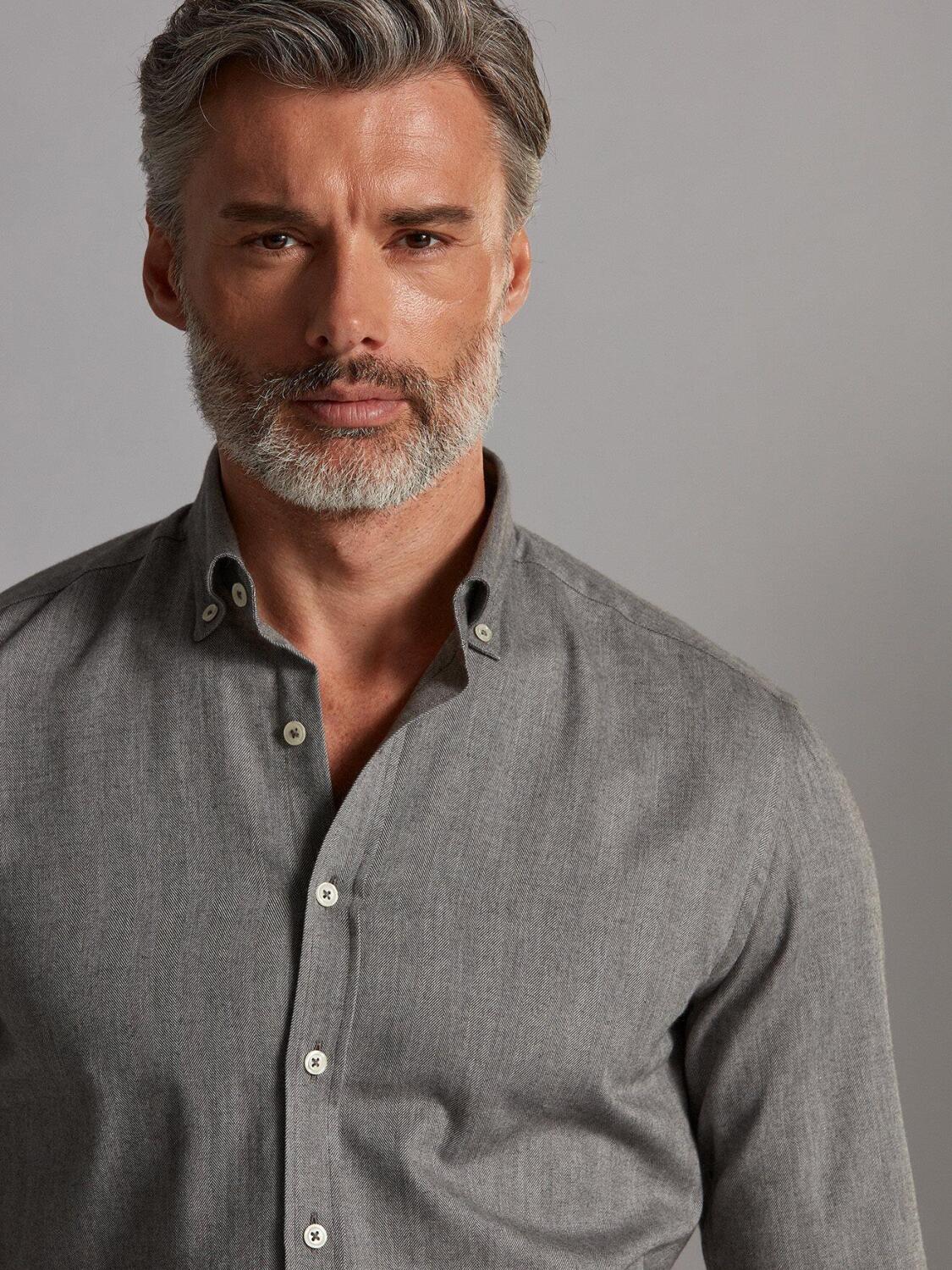 Chemise cintr&eacute;e Hall grise en flanelle - Col Boutonn&eacute;