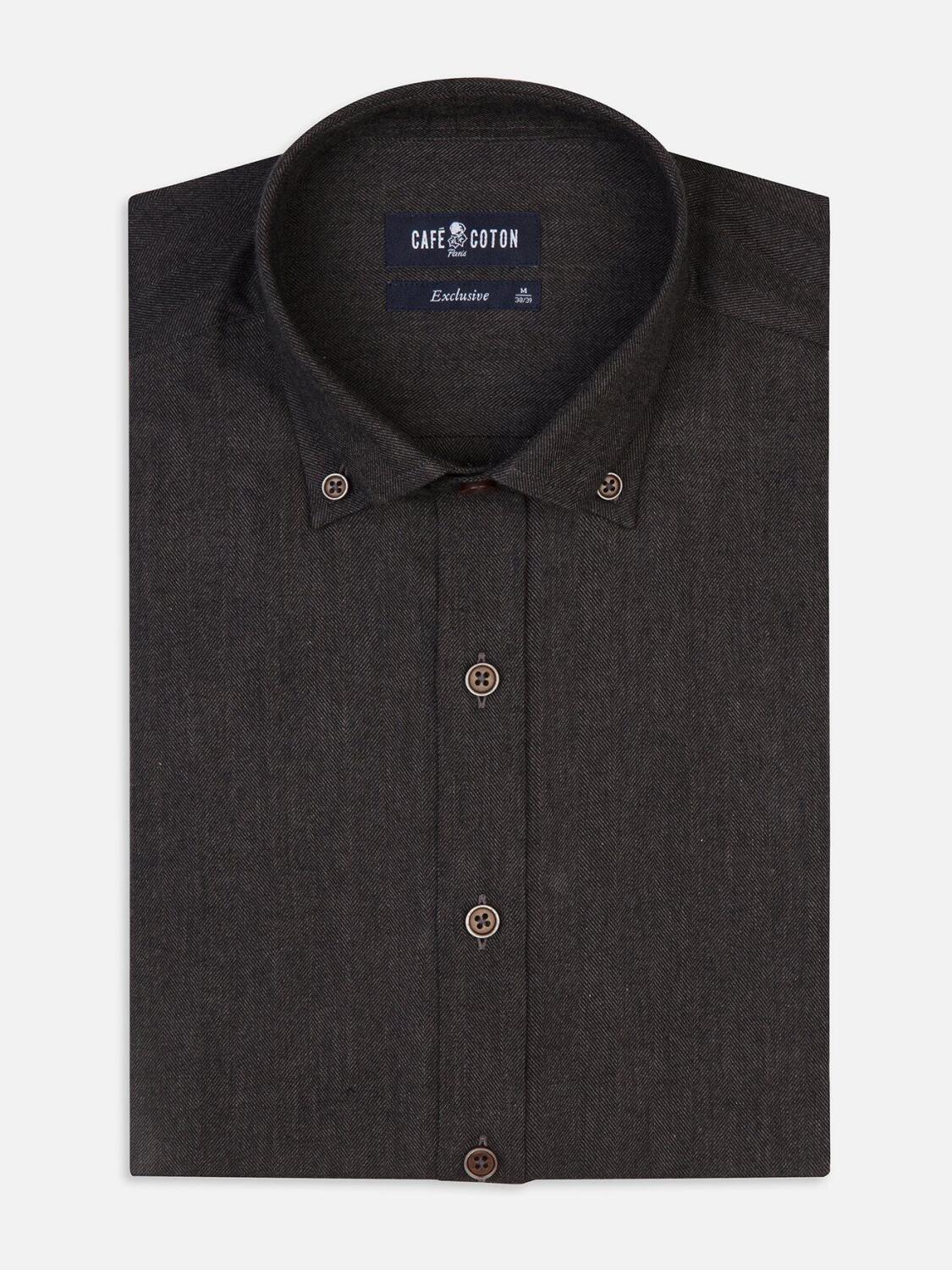 Hall anthracite flannel slim fit shirt - Button-down collar