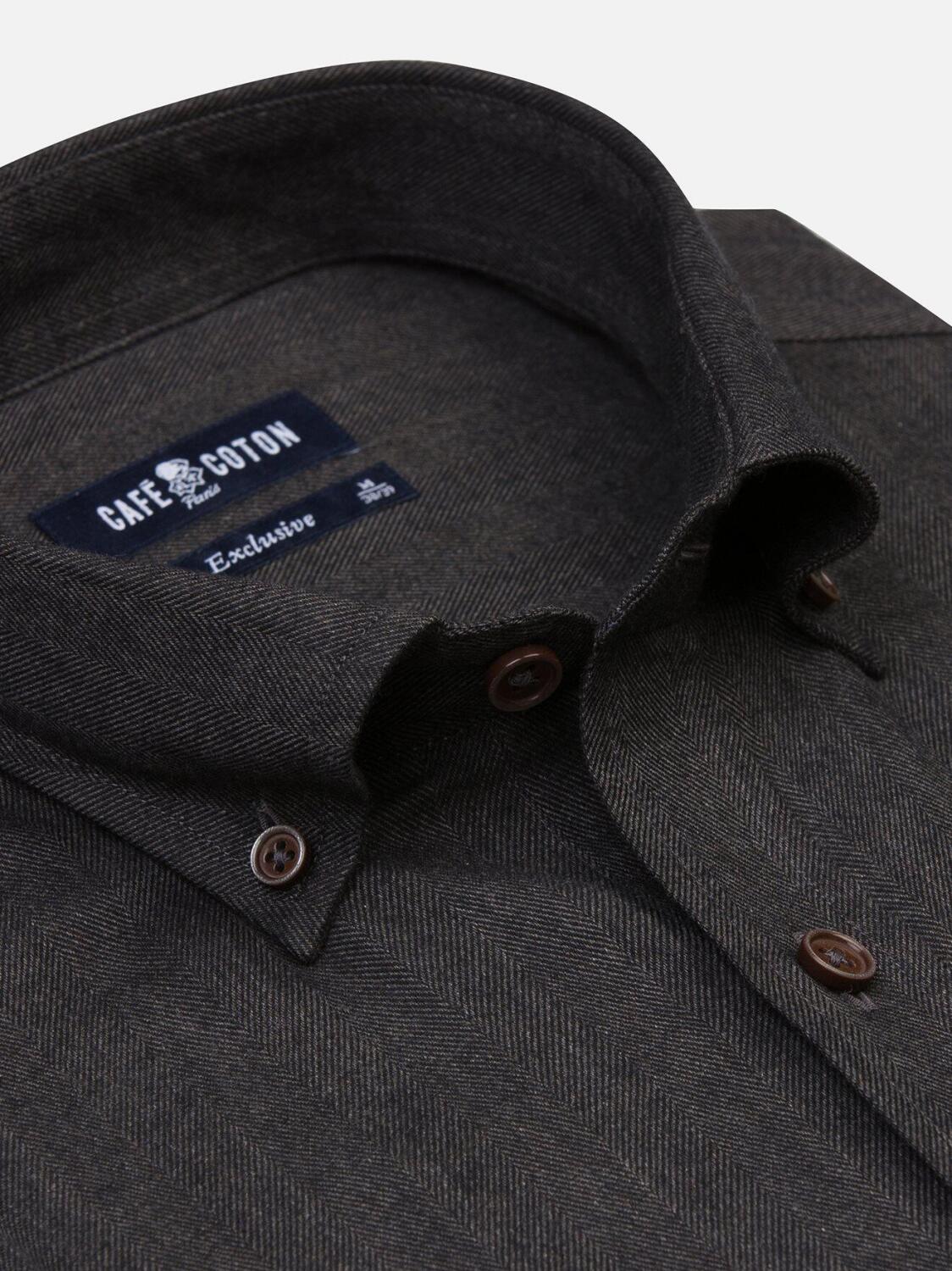 Hall anthracite flannel slim fit shirt - Button-down collar