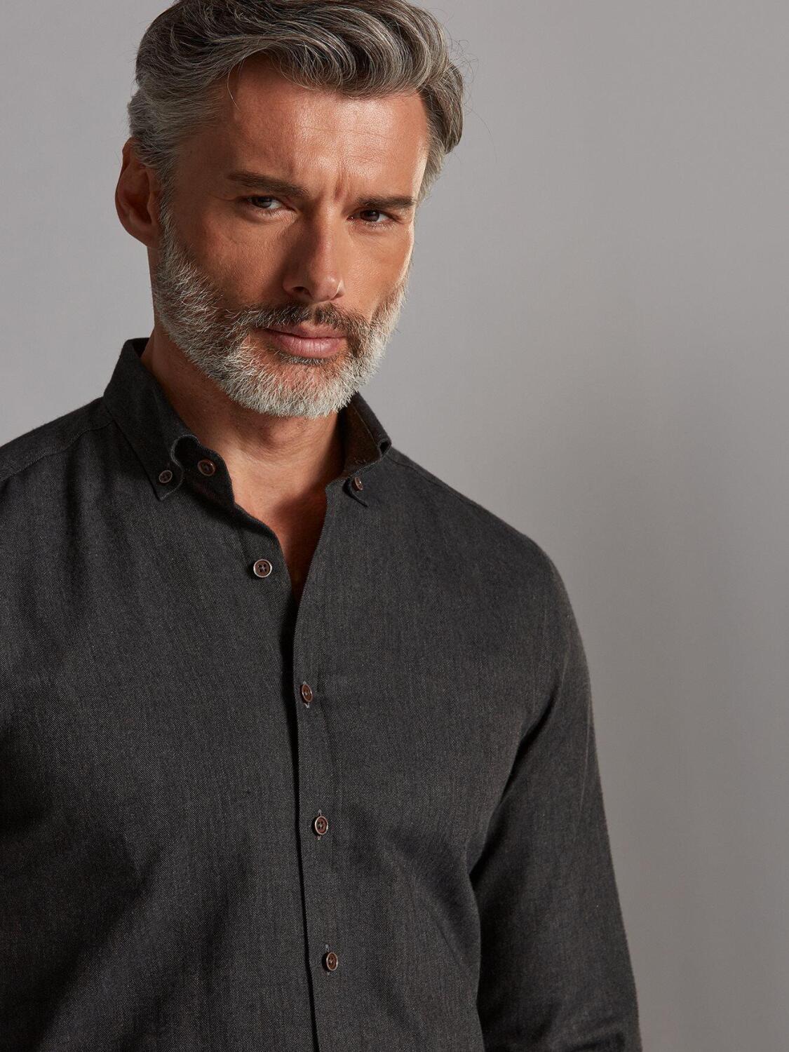 Hall anthracite flannel slim fit shirt - Button-down collar